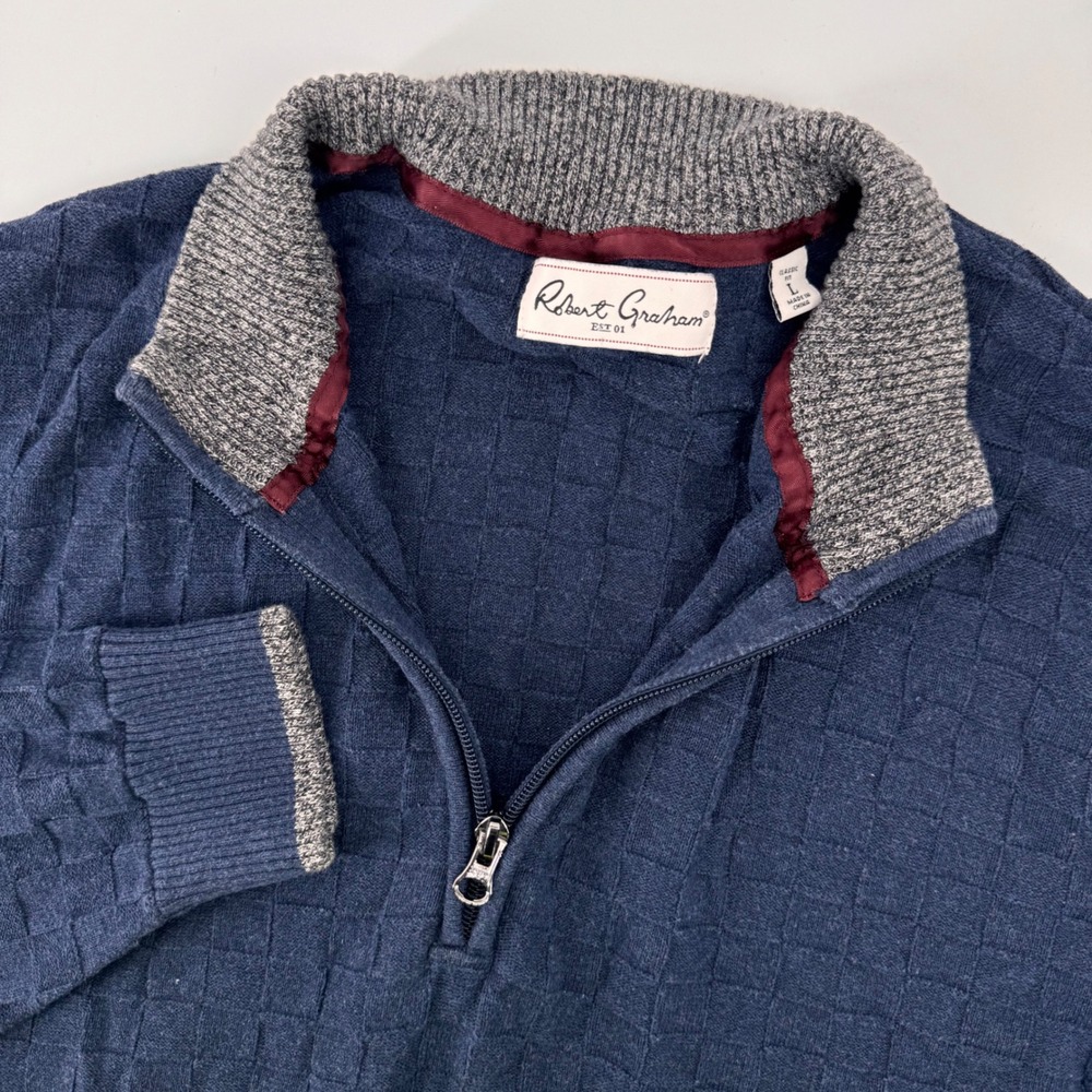 Robert Graham Quarter Zip Sweater Mens L Navy Blue Textured Cotton Pullover